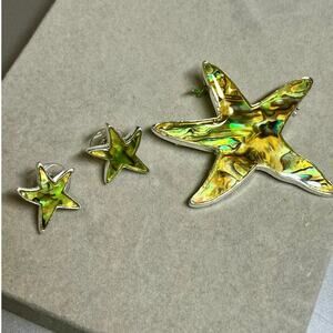 Abalone Starfish Jewelry Set Earrings Pendant Brooch Silver Tone Ocean Coastal